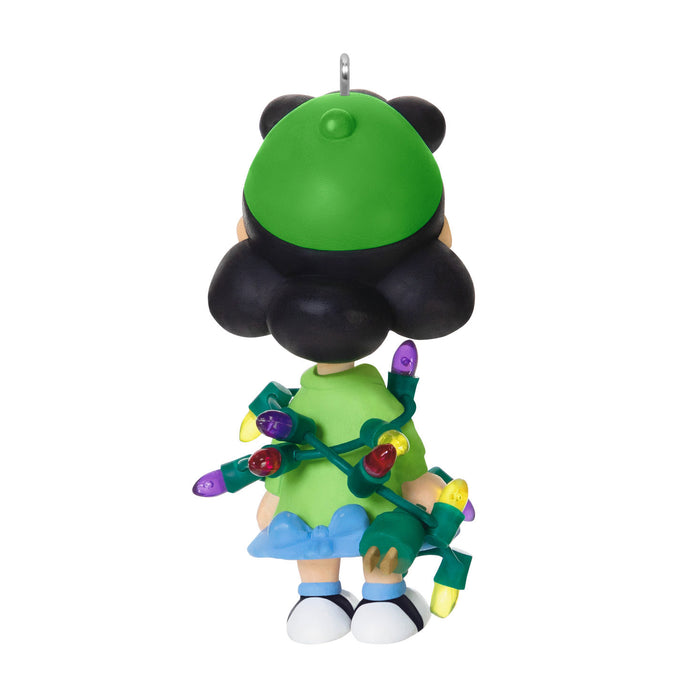 Colorful ornament shaped like a character with a green top and black bottom, holding Christmas lights.