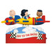 Toy set with three characters on an airplane ride featuring a banner 'Off to the Races!' on a white background.