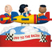 Toy set with three characters in a race car with 'Off to the Races!' banner, on a white background