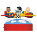 Toy set with three characters on an airplane ride.
