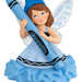 Crayon fairy holding a blue Crayola crayon on a white background