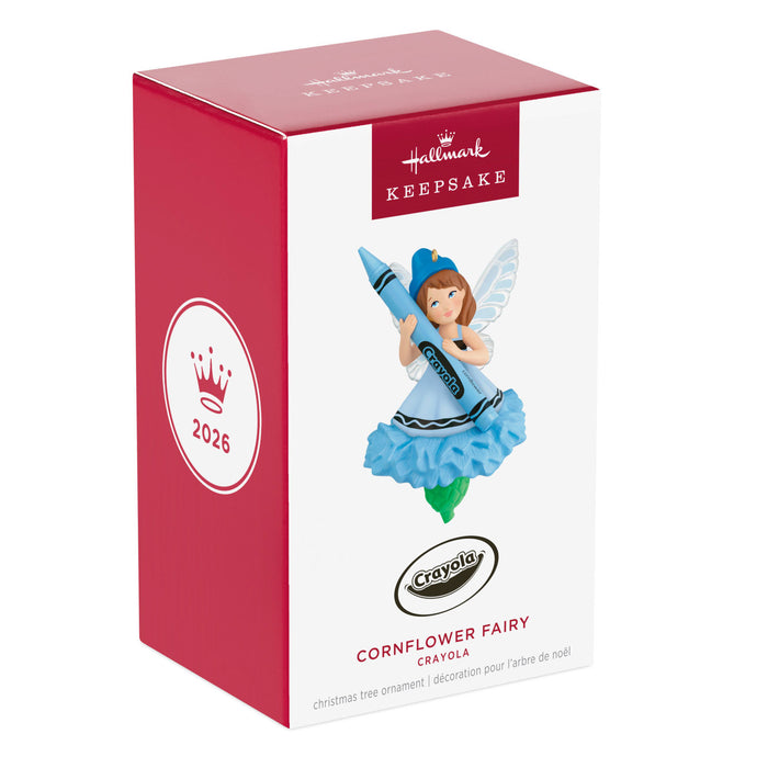Hallmark Keepsake Cornflower Fairy Crayola ornament packaging on a white background