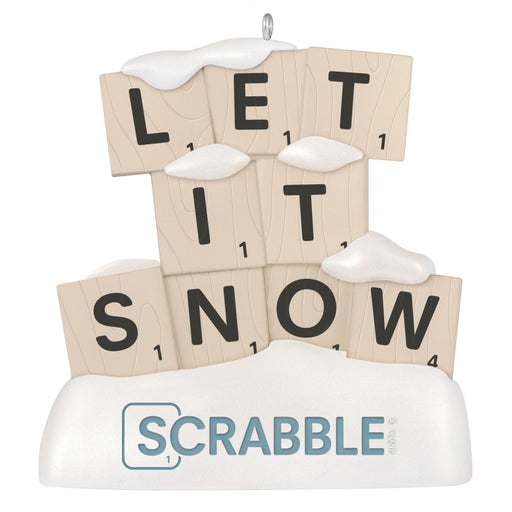 Scrabble tile ornament spelling 'LET IT SNOW' with snow on top, featuring the Scrabble logo.