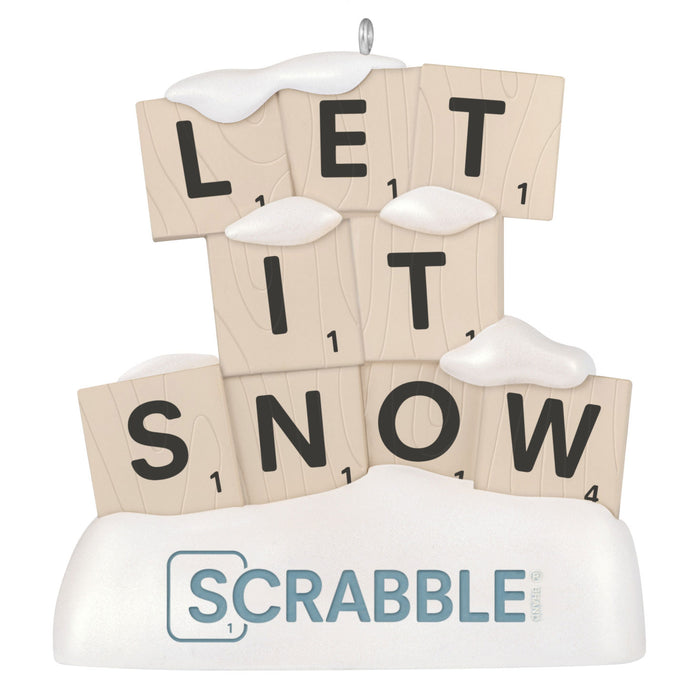 Scrabble tile ornament spelling 'LET IT SNOW' with snow on top, featuring the Scrabble logo.