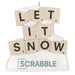 Scrabble tile ornament spelling 'LET IT SNOW' with snow on top, featuring the Scrabble logo.
