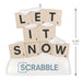 Scrabble tile ornament spelling 'LET IT SNOW' with snow on top, featuring the Scrabble logo.