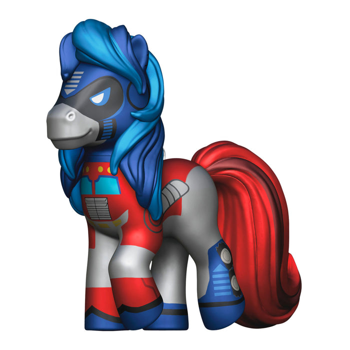 Toy figure of a pony with blue, red, and gray color scheme on a white background
