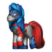Toy figure of a pony with blue, red, and gray color scheme on a white background