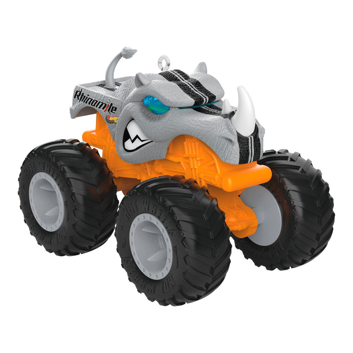 Toy monster truck with a rhino design on a white background