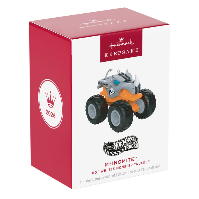 Hot Wheels Monster Trucks Rhinomite Christmas tree ornament packaging with Hallmark and Hot Wheels logos.