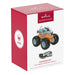 Hot Wheels Monster Trucks Rhinomite Christmas tree ornament packaging with Hallmark and Hot Wheels logos.
