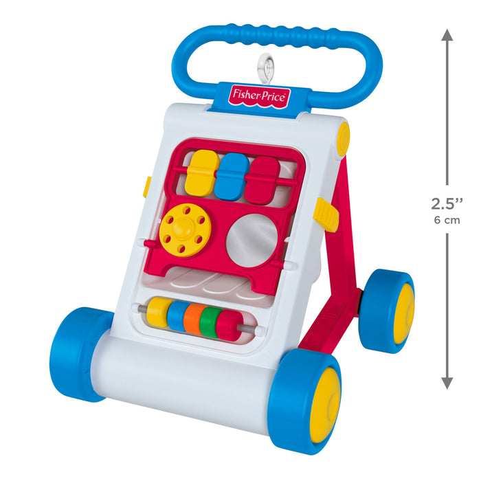 Fisher-Price toy walker with colorful buttons and wheels on a white background