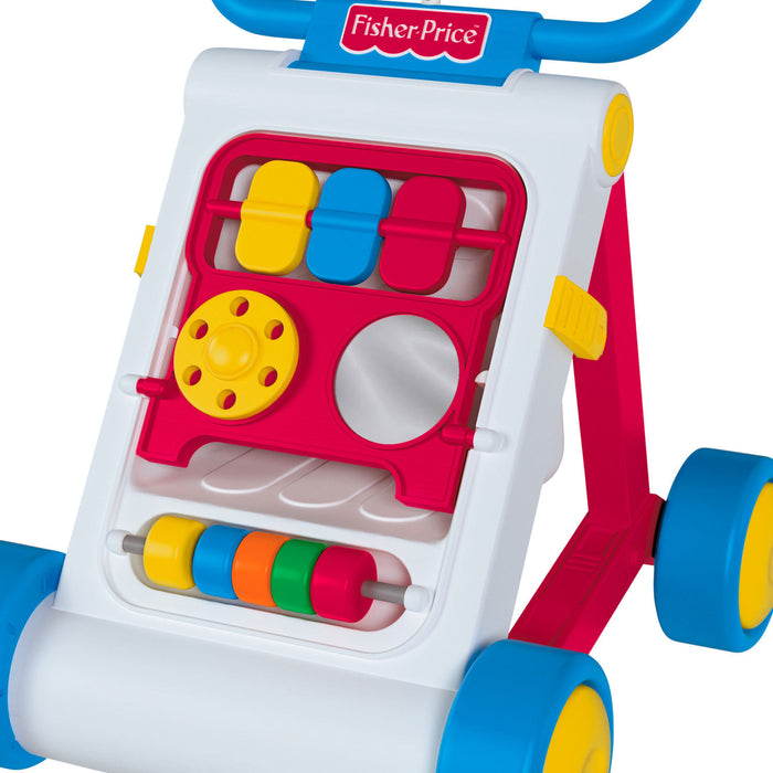 Fisher-Price toy walker with colorful buttons and wheels on a white background