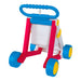 Colorful children's walker with blue handle and wheels on a white background