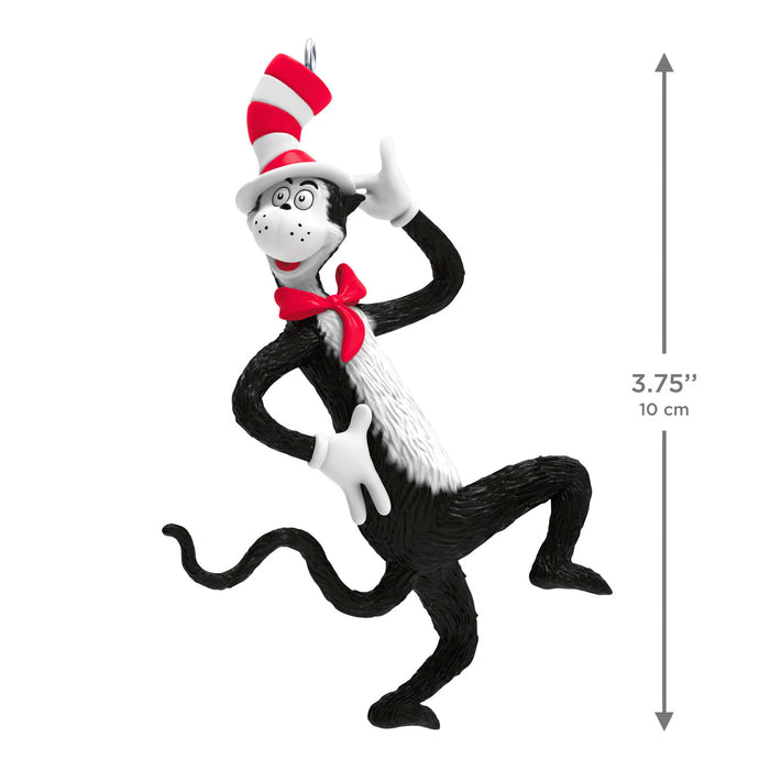 Cat in the Hat figurine with dimensions on a white background