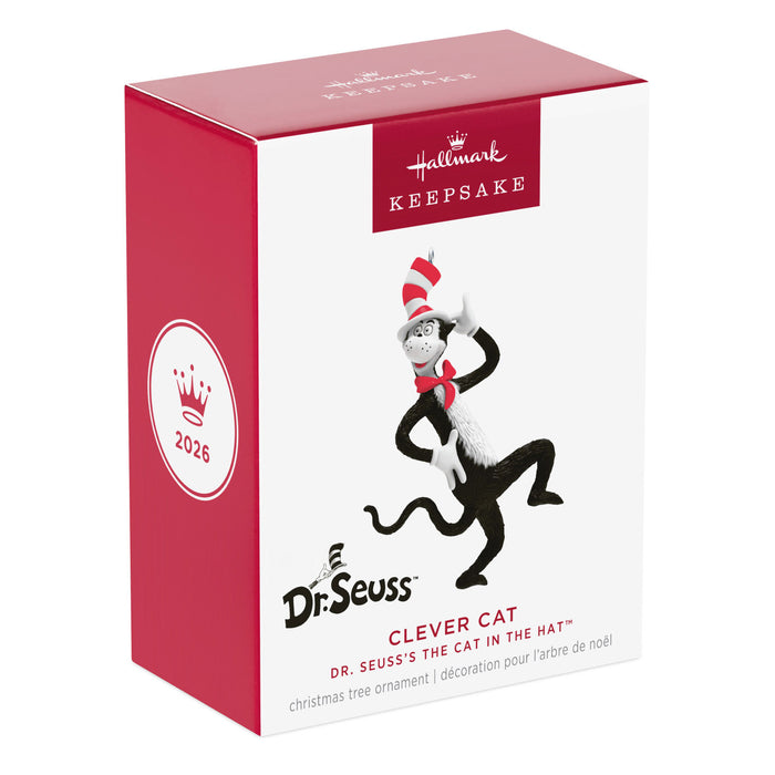 Hallmark 2026 Dr. Seuss Clever Cat Christmas ornament packaging on a white background