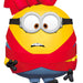 Cartoon character with a red outfit and yellow face on a white background