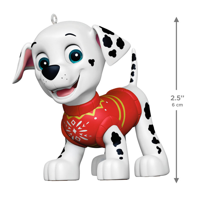 Toy dog figure with a red outfit and measurement details on a white background