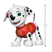Toy dog figure with a red outfit and measurement details on a white background