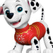 Cartoon Dalmatian dog character wearing a red sweater with yellow patterns on a white background