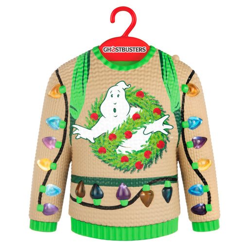 Christmas sweater with Ghostbusters logo and ghost design on a hanger