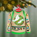 Ghostbusters sweater ornament with a ghost and wreath design, hanging on a Christmas tree.