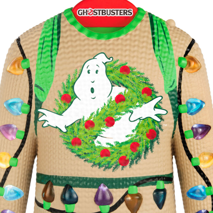 Ugly Christmas sweater with Ghostbusters logo and ghost design holding a wreath.