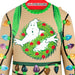 Ugly Christmas sweater with Ghostbusters logo and ghost design holding a wreath.