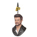 Bust figure of a person wearing a leather jacket with a decorative bow on a white background