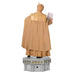 Statue of a person in a beige robe holding papers on a white background