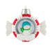 Christmas ornament with a snowman inside a life preserver on a white background