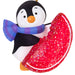 Penguin ornament with a red candy wedge and colorful scarf on a white background