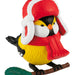 Toy bird figurine wearing a red hat and scarf on a white background