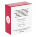 Red and white box with text and a logo on a white background