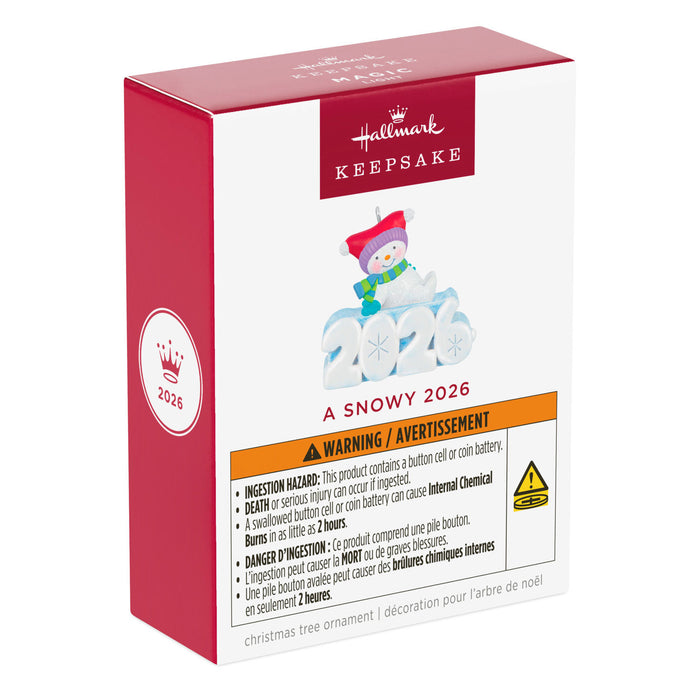 Hallmark Keepsake Christmas ornament packaging for 2026 with a snowman on a red and white background.