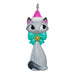 Cat-shaped ornament with a pink hat and green bow on a white background