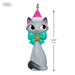 Cat-shaped ornament with a pink hat and green bow, featuring dimensions on a white background.