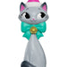 Cat-shaped figurine with a green bow and gold bell on a white background