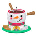 Snowman-themed fondue set with chocolate fondue on a white background