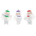 Three snowman ornaments with colorful hats on a white background