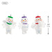 Three small snowman figurines with colorful hats on a white background