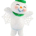 Plush snowman toy with a green hat and scarf on a white background
