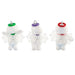 Three small angel figurines with colorful hats on a white background