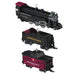 Model train set with black locomotive and two red and black passenger cars on a white background