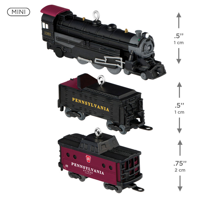 Model train set with 'Pennsylvania' branding and size measurements on a white background