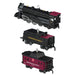 Model train set with black locomotive and red passenger cars on a white background
