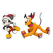 Two animated characters, one resembling a mouse and the other a dog, wearing Santa hats on a white background.