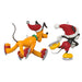 Two cartoon character figurines on ice skates with Santa hats on a white background