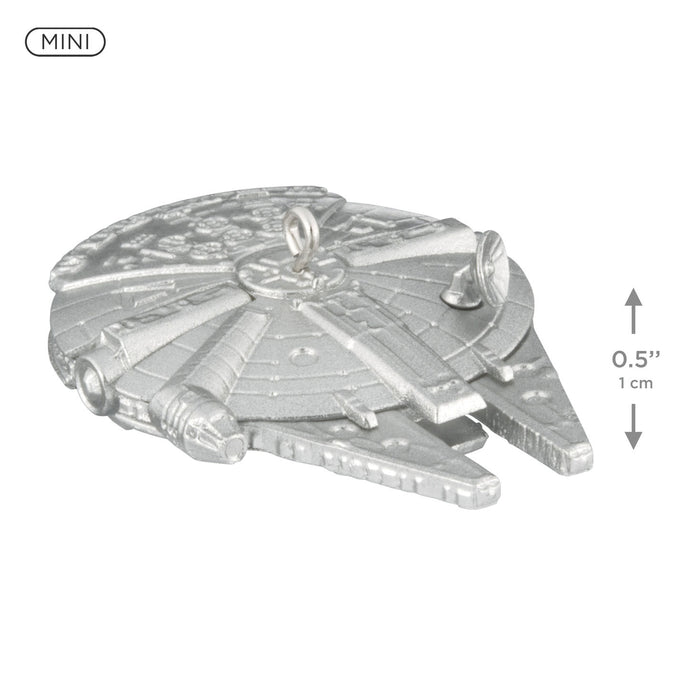 Miniature model of a spaceship with size indication on a white background
