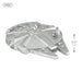 Miniature model of a spaceship with size indication on a white background